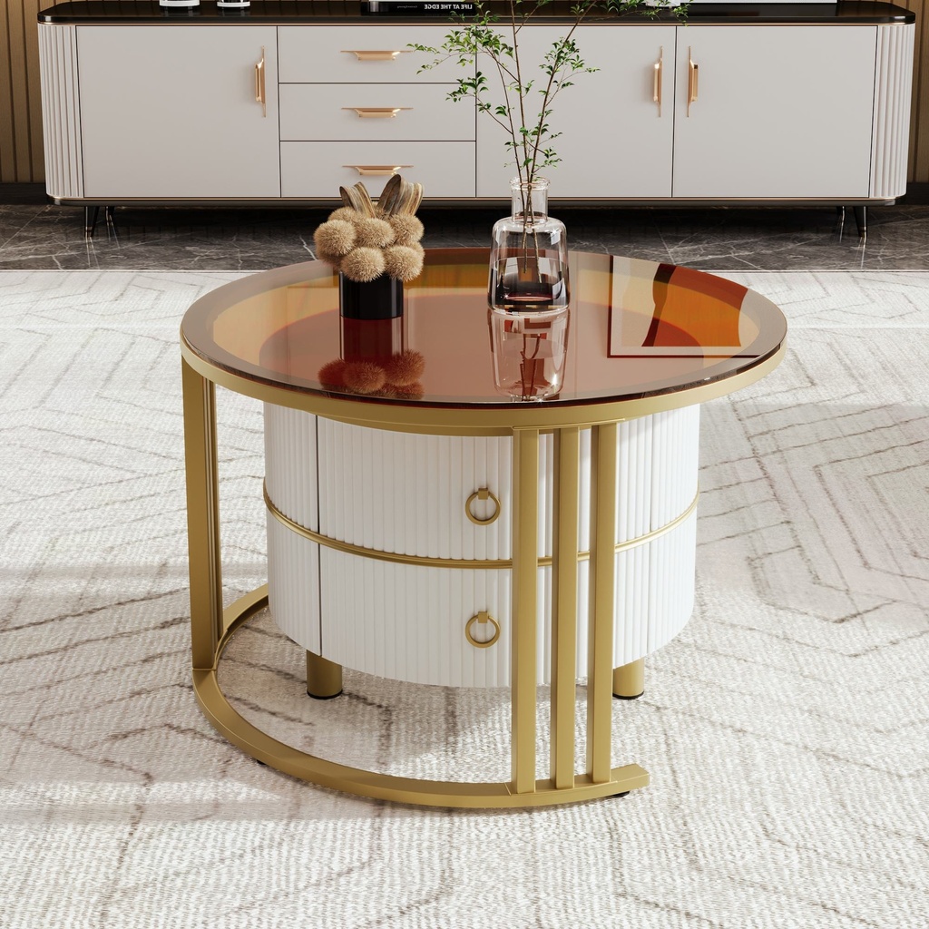 2-in-1 Round Coffee Table Set with High-Gloss and Tempered Glass Tops, Brown+White - Photo 5