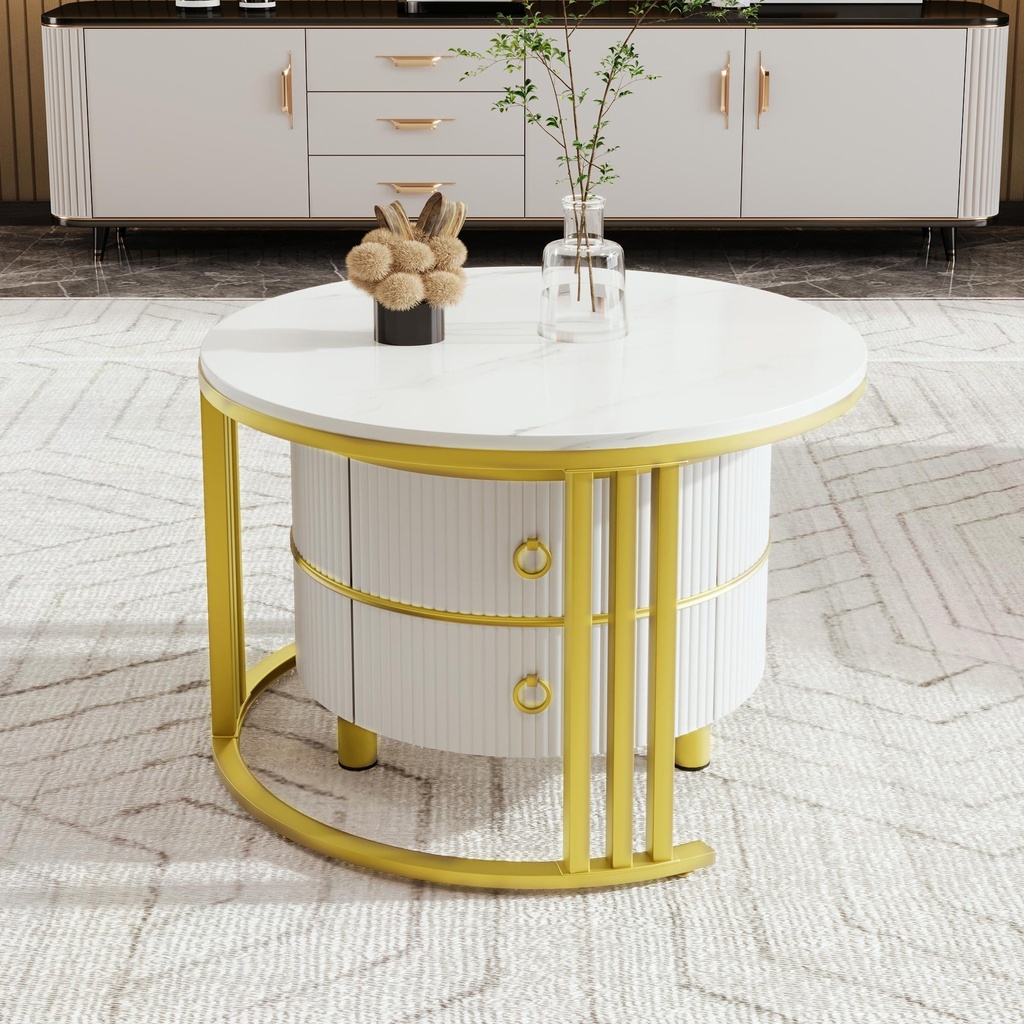 2-In-1 Round Coffee Table Set with High-Gloss Tops, 70L x 70W x 46H cm, White - Photo 4