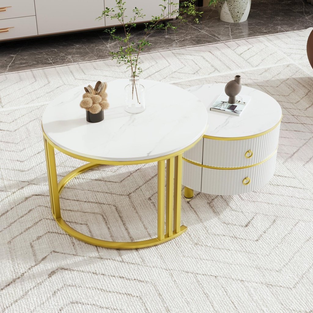 2-In-1 Round Coffee Table Set with High-Gloss Tops, 70L x 70W x 46H cm, White - Photo 5
