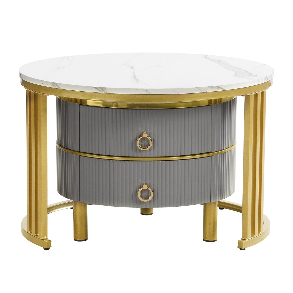 2-In-1 Round Coffee Table Set with High-Gloss Tops, 70L x 70W x 46H cm, White+Gray - Photo 2