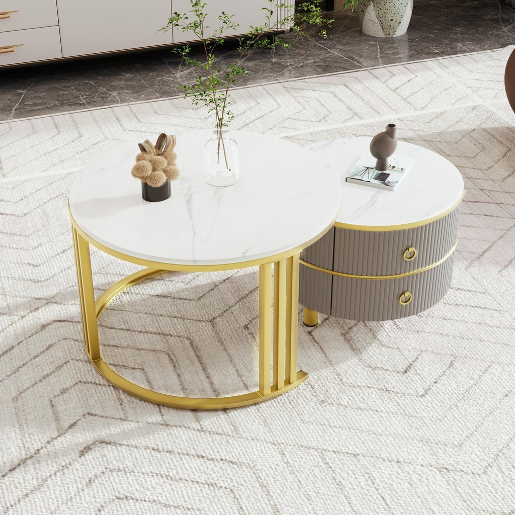 2-In-1 Round Coffee Table Set with High-Gloss Tops, 70L x 70W x 46H cm, White+Gray - Photo 4