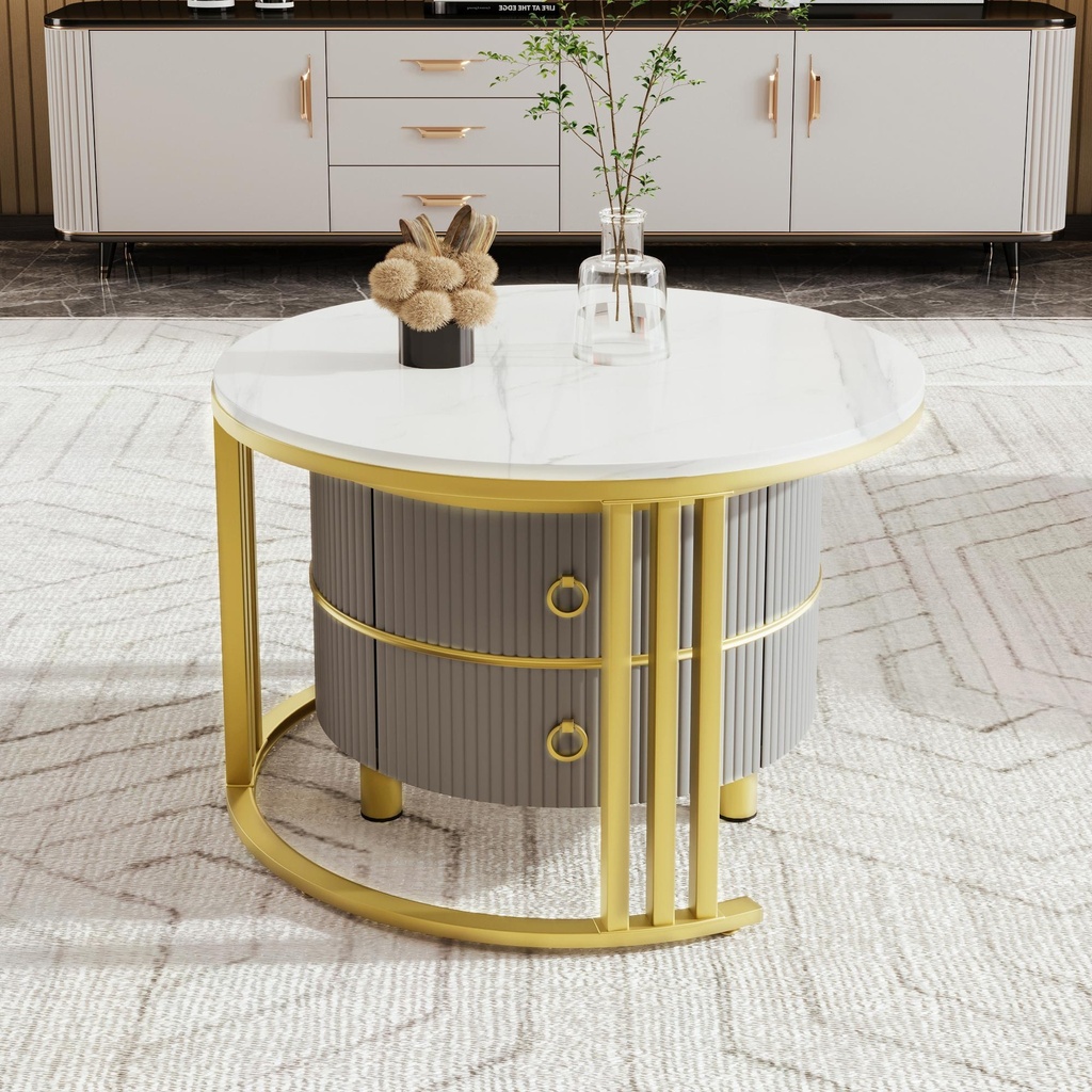 2-In-1 Round Coffee Table Set with High-Gloss Tops, 70L x 70W x 46H cm, White+Gray - Photo 5