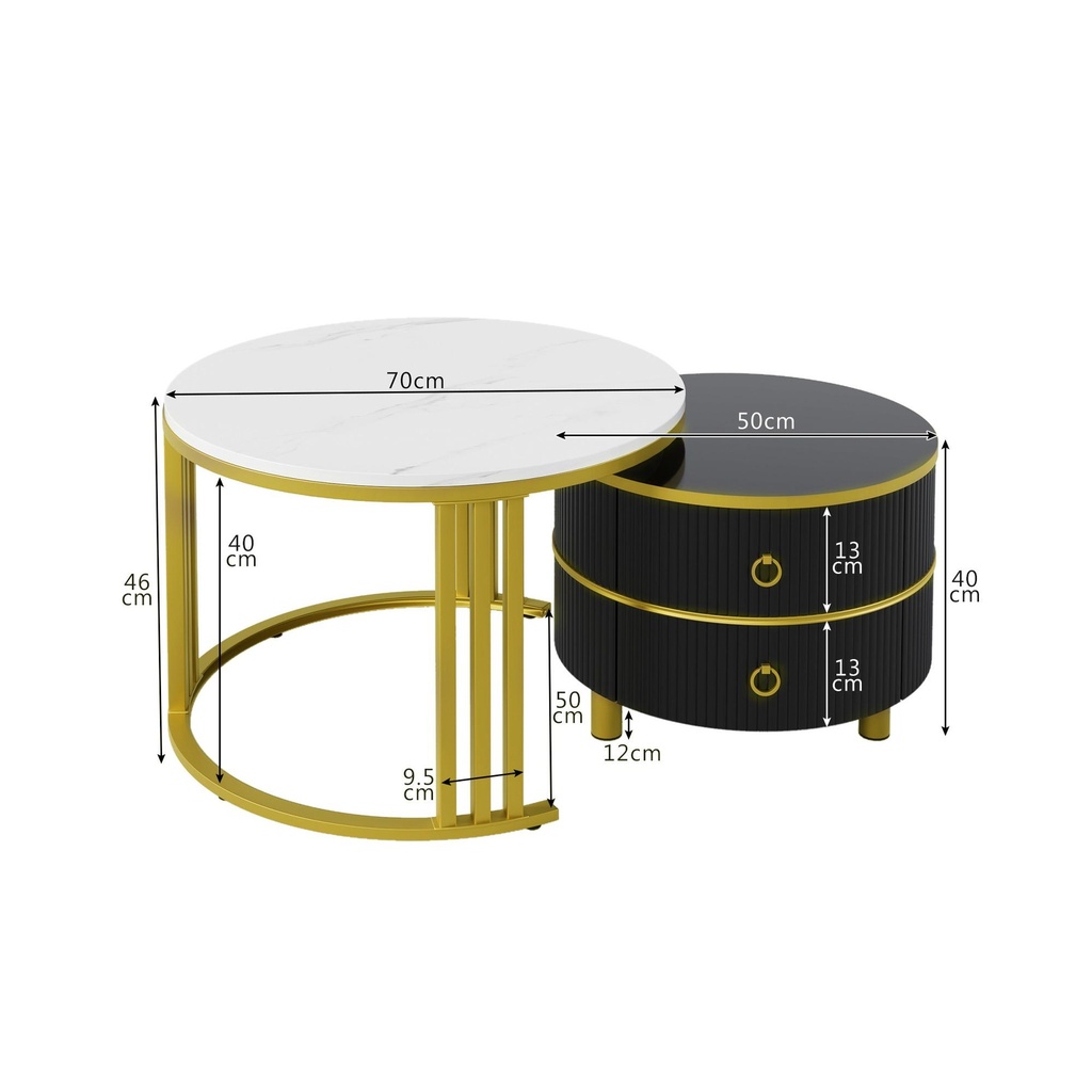 2-In-1 Round Coffee Table Set with High-Gloss Tops, 70L x 70W x 46H cm, White+Black - Photo 3