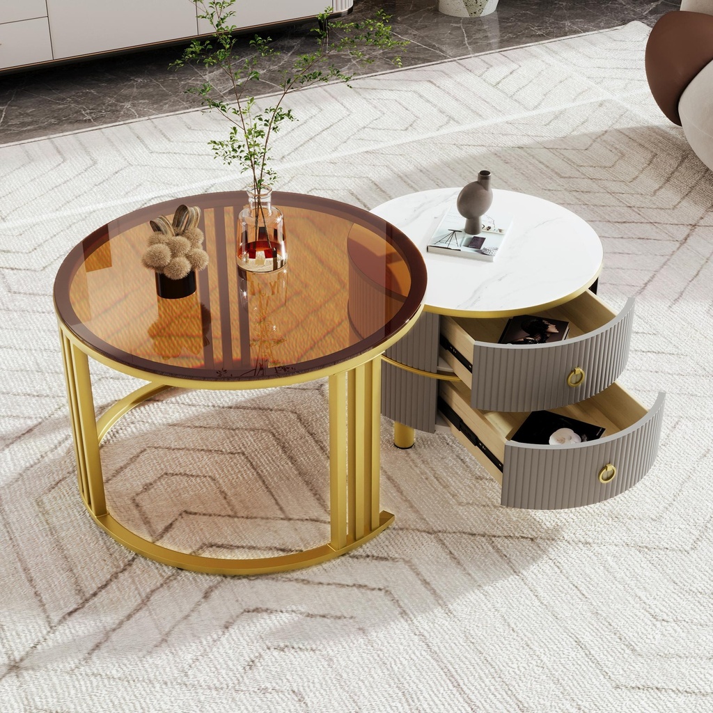 2-In-1 Round Coffee Table Set with High-Gloss Top and Tempered Glass, 70L x 70W x 45H cm, Grey+Brown - Photo 5