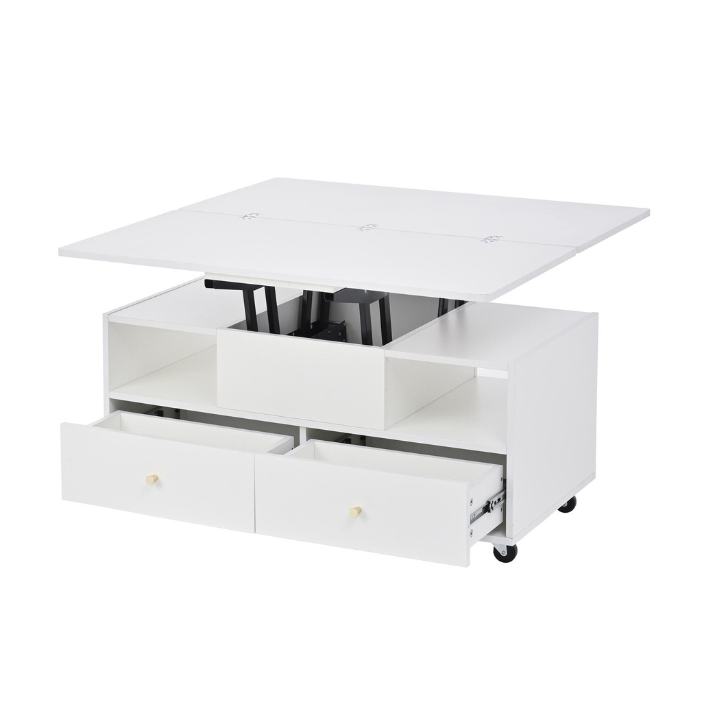 Extendable Lift-Top Coffee Table with Two Lift-Up Tabletops and Castors, 100L x 50W x 47.5H cm, White - Photo 2