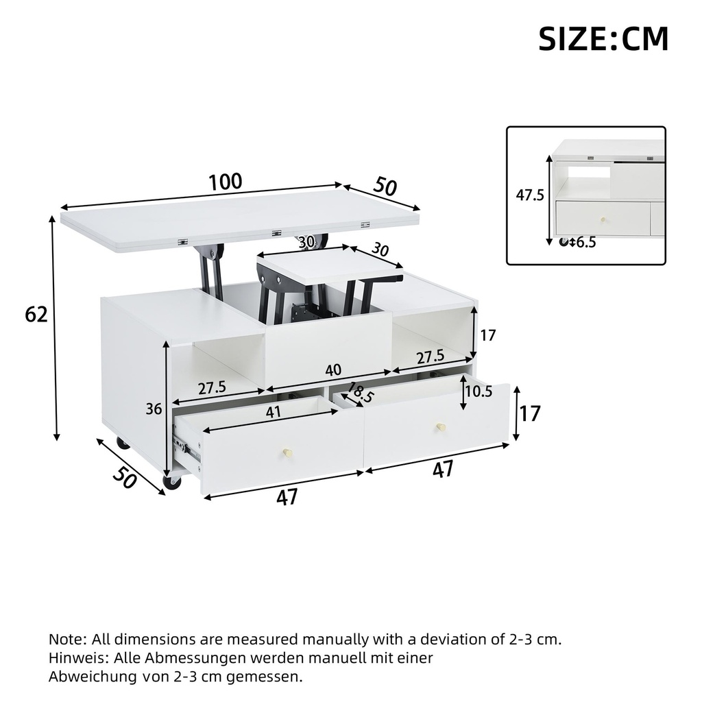 Extendable Lift-Top Coffee Table with Two Lift-Up Tabletops and Castors, 100L x 50W x 47.5H cm, White - Photo 3