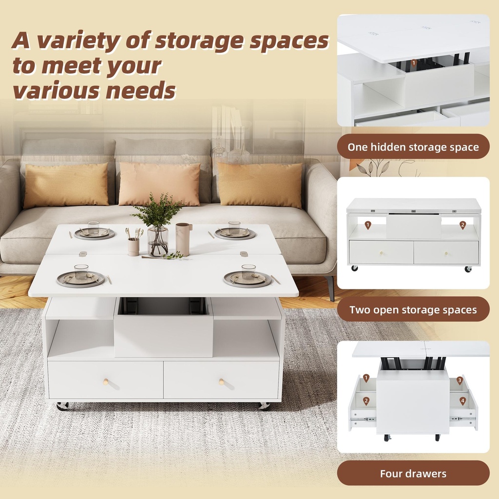 Extendable Lift-Top Coffee Table with Two Lift-Up Tabletops and Castors, 100L x 50W x 47.5H cm, White - Photo 4