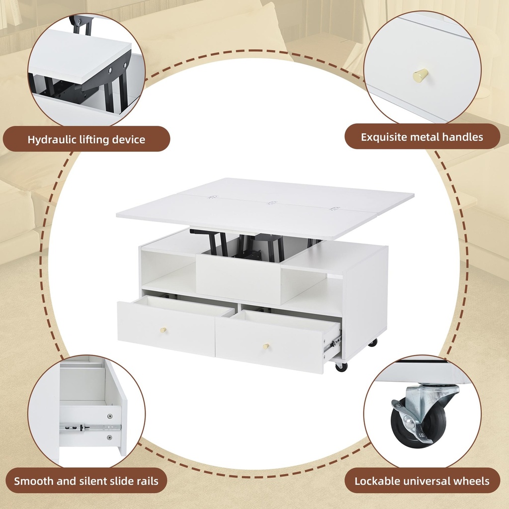 Extendable Lift-Top Coffee Table with Two Lift-Up Tabletops and Castors, 100L x 50W x 47.5H cm, White - Photo 5