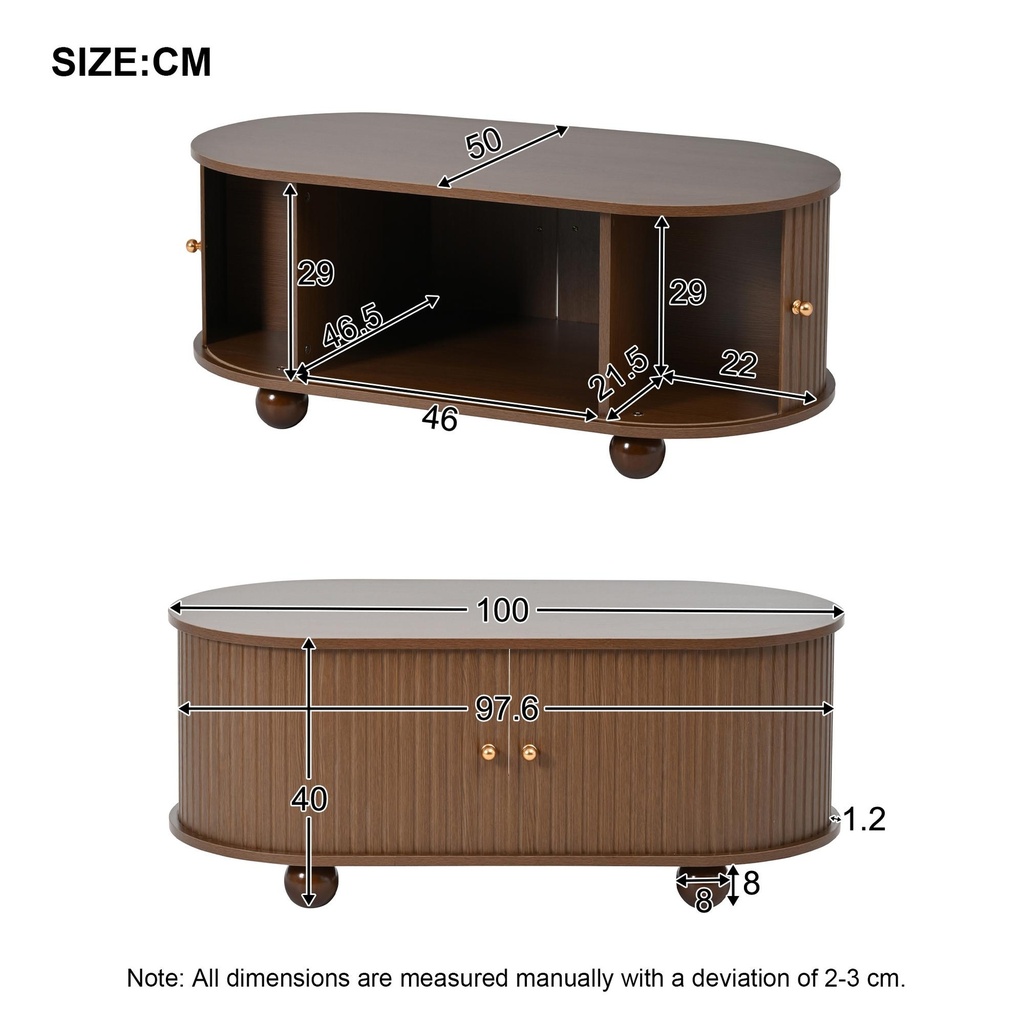 Oval Coffee Table with 2 Sliding Doors, Oak - Photo 3