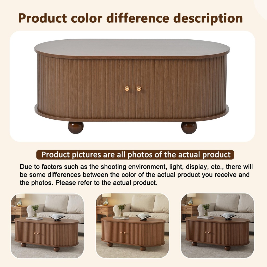 Oval Coffee Table with 2 Sliding Doors, Oak - Photo 4