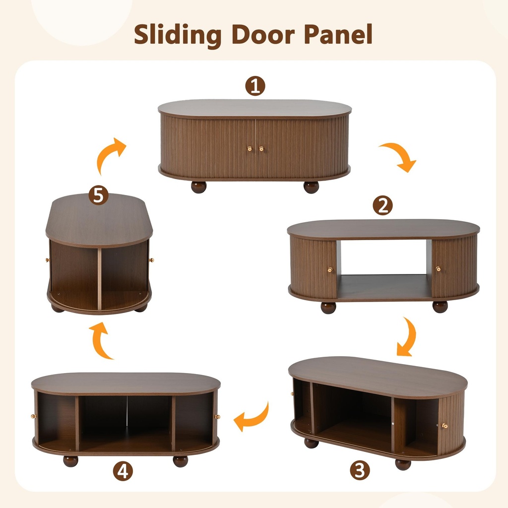 Oval Coffee Table with 2 Sliding Doors, Oak - Photo 6