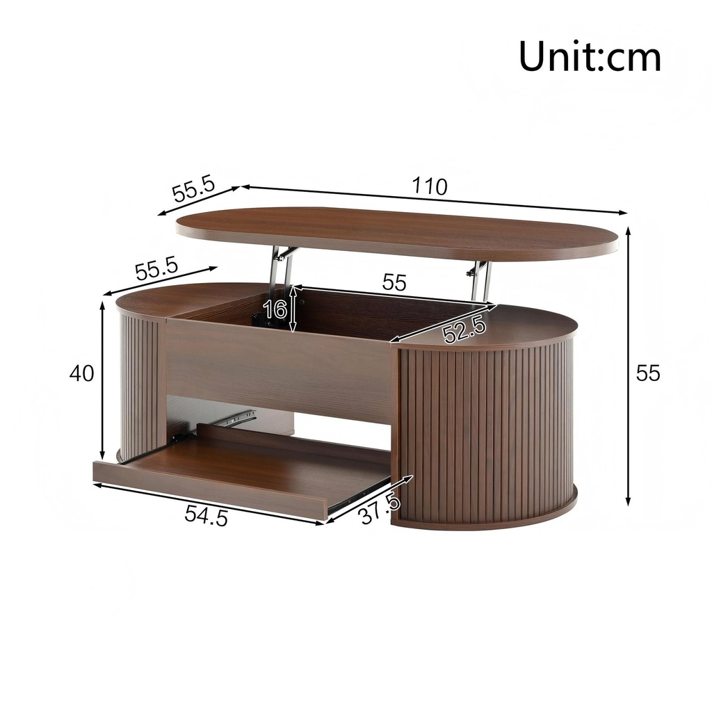 Lift-Top Coffee Table with Wooden Sides and Extendable Lower Shelf, 110L x 55.5W x 40H cm, Wood - Photo 3