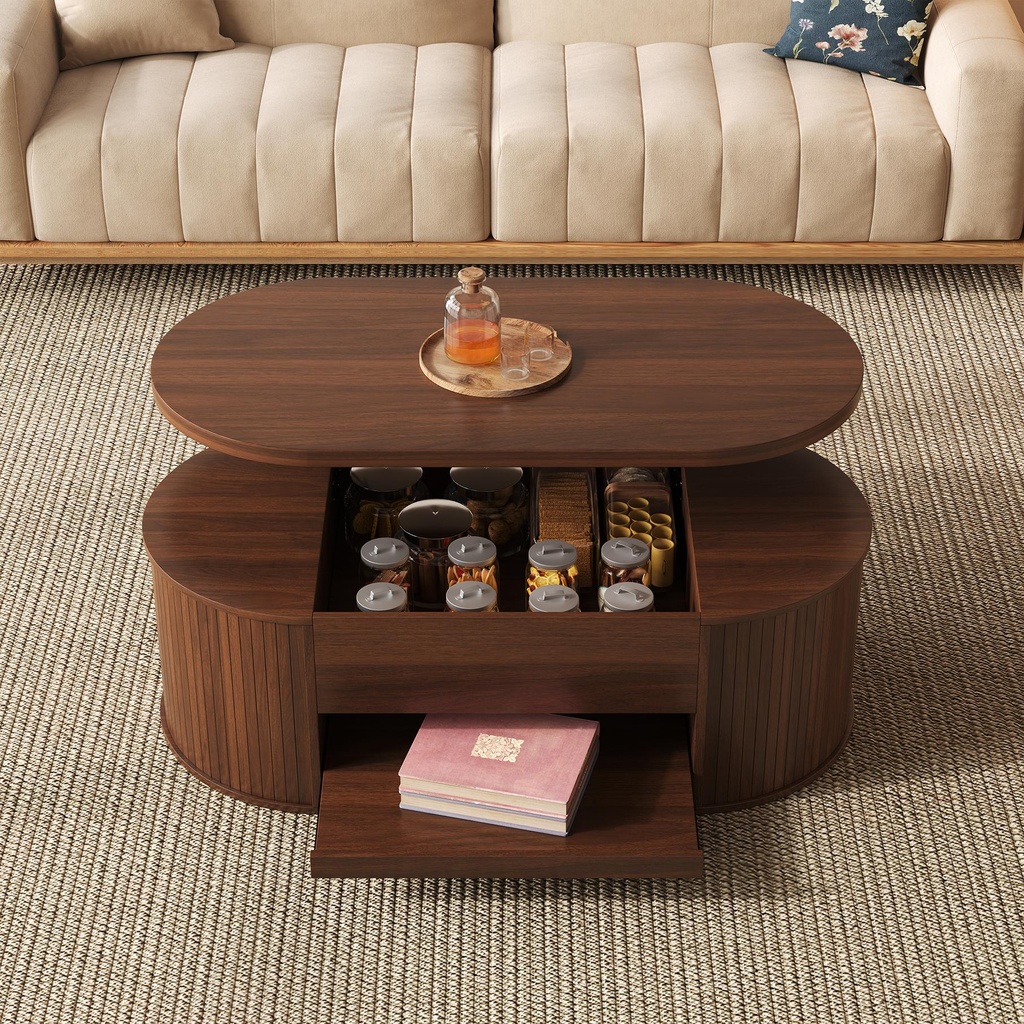 Lift-Top Coffee Table with Wooden Sides and Extendable Lower Shelf, 110L x 55.5W x 40H cm, Wood - Photo 4