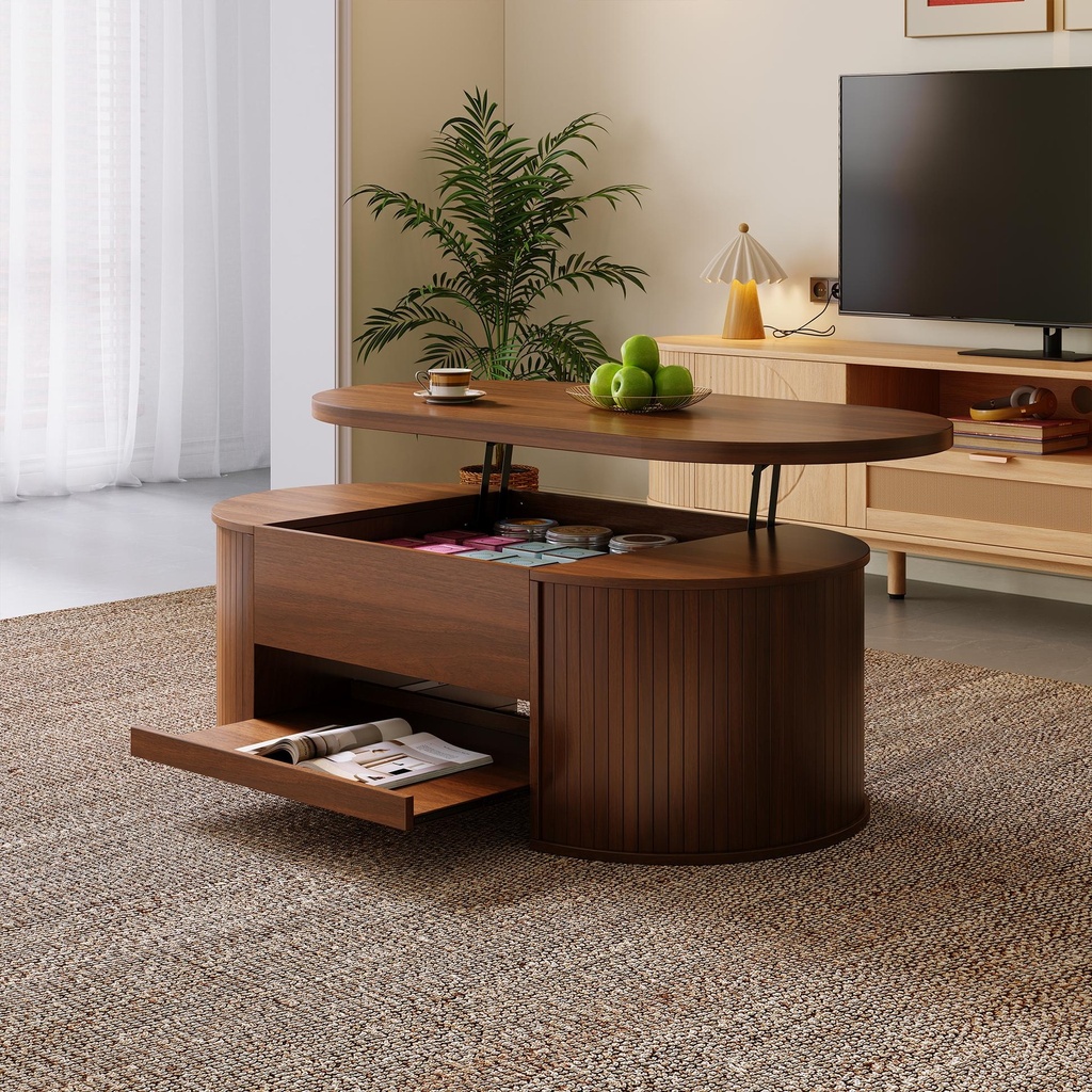 Lift-Top Coffee Table with Wooden Sides and Extendable Lower Shelf, 110L x 55.5W x 40H cm, Wood - Photo 5