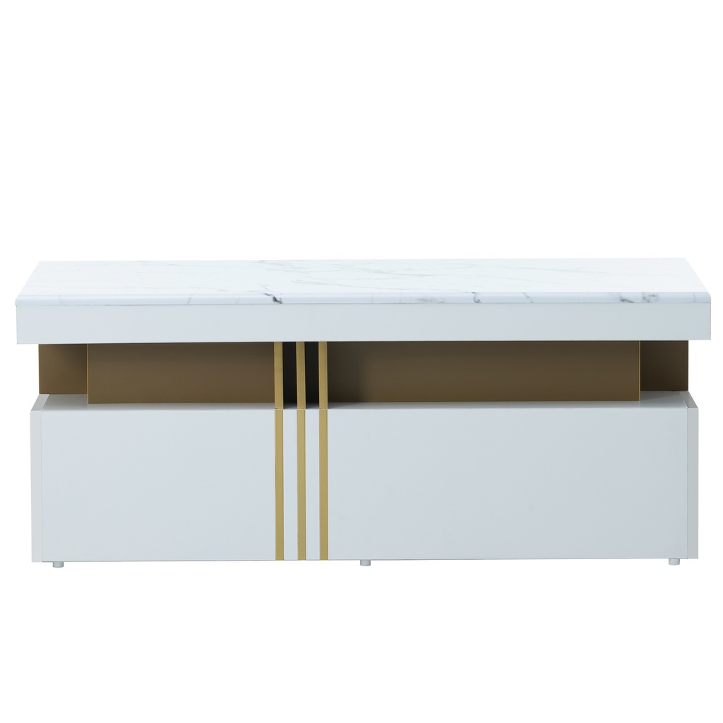 Modern Rectangular Coffee Table with PVC Pattern Top and 2 Wooden Drawers, White - Photo 2