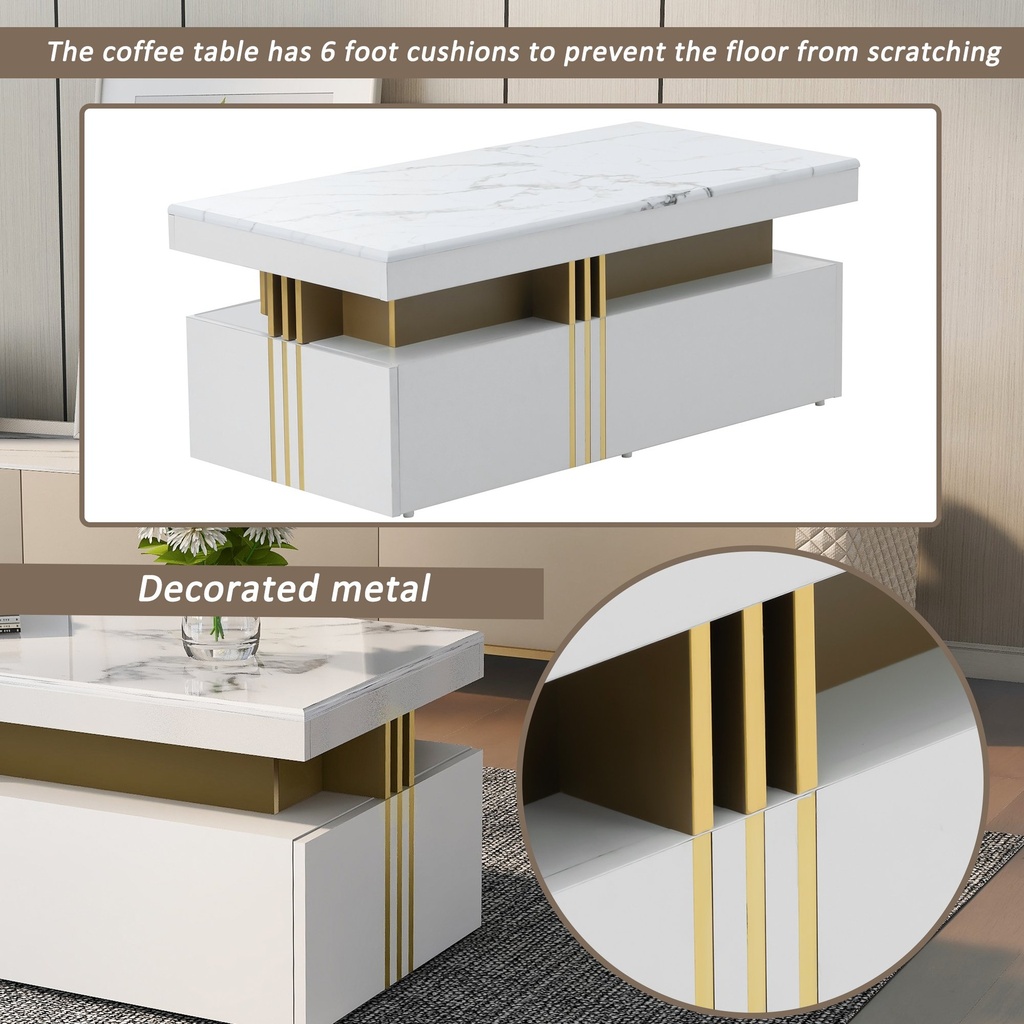 Modern Rectangular Coffee Table with PVC Pattern Top and 2 Wooden Drawers, White - Photo 4