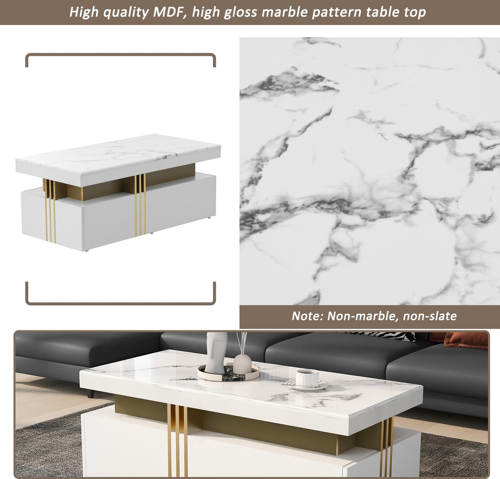 Modern Rectangular Coffee Table with PVC Pattern Top and 2 Wooden Drawers, White - Photo 5