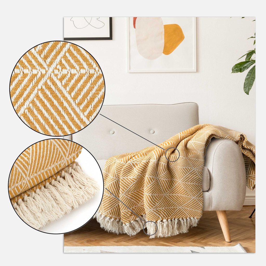 Geo Diamond - Recycled Cotton Throw in Ochre - Image 4