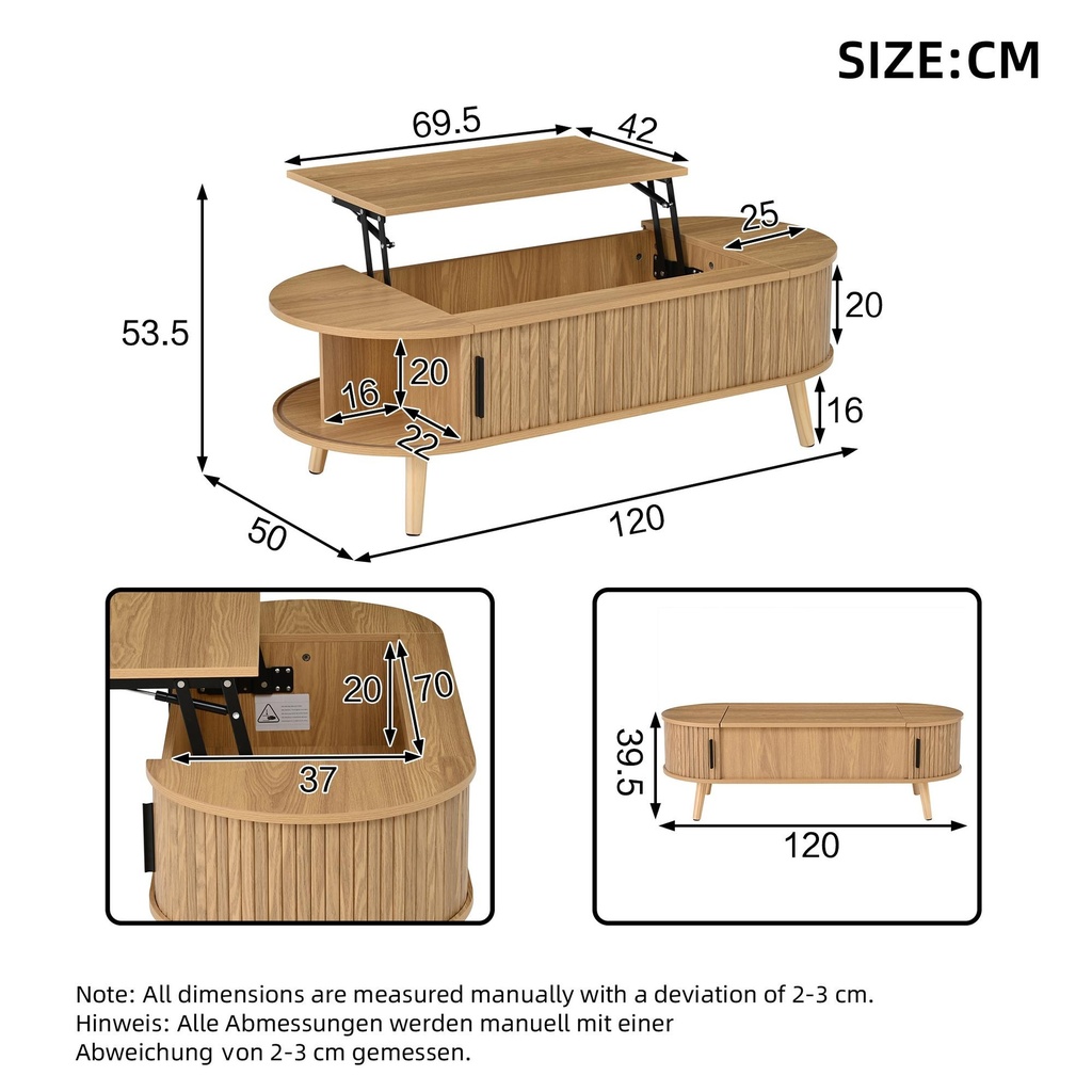 Lift-Up Oval Coffee Table with Hidden Storage and Height-Adjustable Top, 120L x 50W x 39.5H cm, Wood - Photo 3
