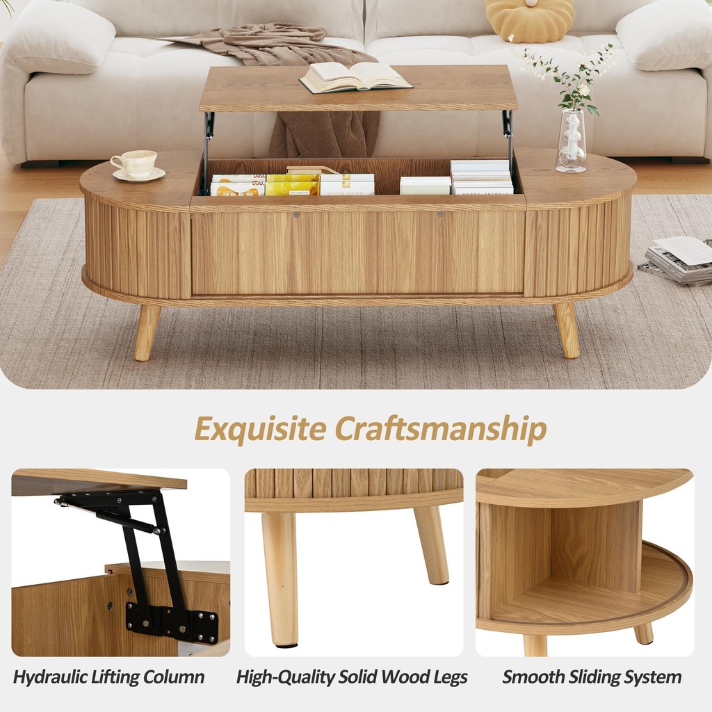 Lift-Up Oval Coffee Table with Hidden Storage and Height-Adjustable Top, 120L x 50W x 39.5H cm, Wood - Photo 4