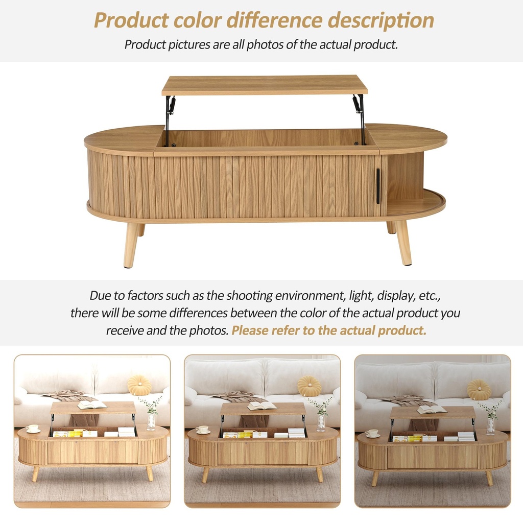 Lift-Up Oval Coffee Table with Hidden Storage and Height-Adjustable Top, 120L x 50W x 39.5H cm, Wood - Photo 5
