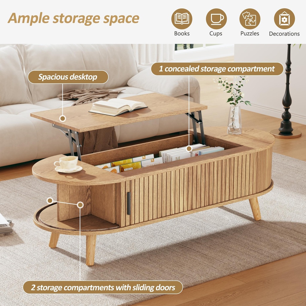 Lift-Up Oval Coffee Table with Hidden Storage and Height-Adjustable Top, 120L x 50W x 39.5H cm, Wood - Photo 6