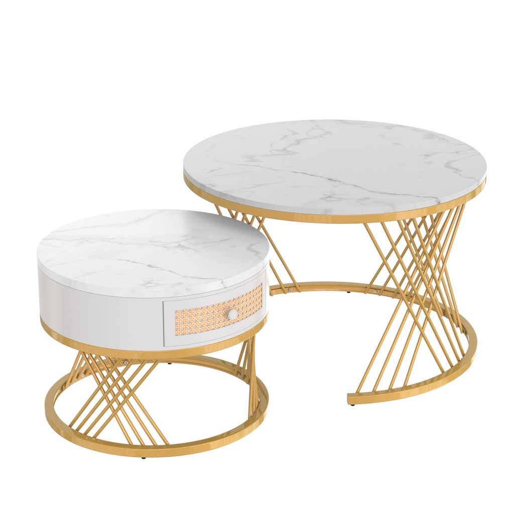 2-in-1 Marble Coffee Table Set with Marble Grain Veneer Top, White+Gold - Photo 2