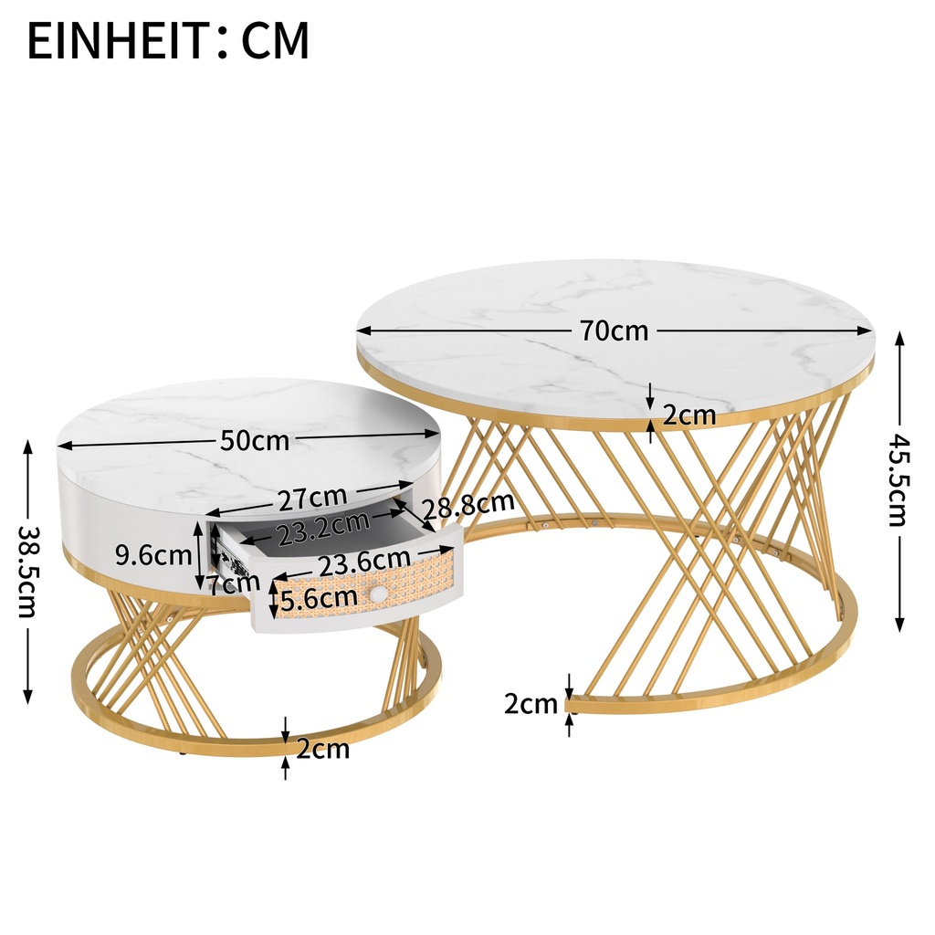 2-in-1 Marble Coffee Table Set with Marble Grain Veneer Top, White+Gold - Photo 3