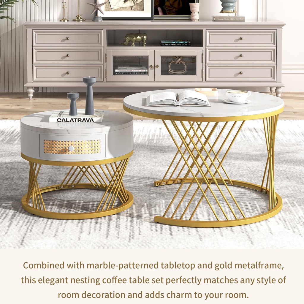 2-in-1 Marble Coffee Table Set with Marble Grain Veneer Top, White+Gold - Photo 4