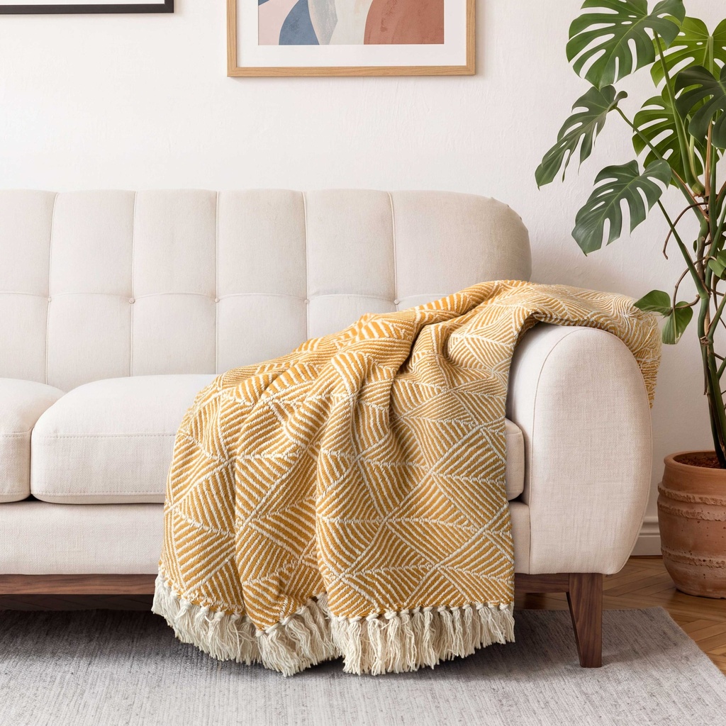 Geo Diamond - Recycled Cotton Throw in Ochre - Image 5