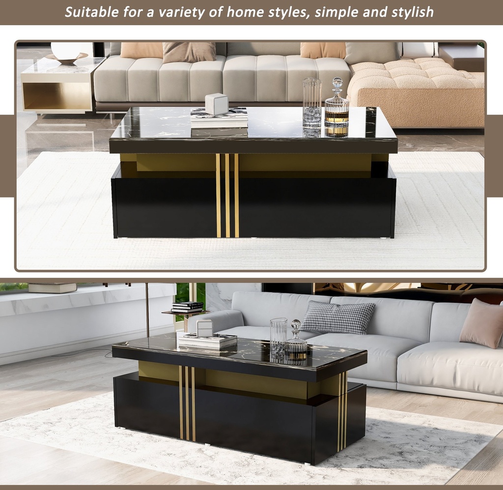 Modern Coffee Table with PVC Pattern Top and 2 Wooden Drawers, Black - Photo 4