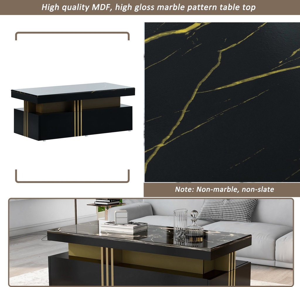 Modern Coffee Table with PVC Pattern Top and 2 Wooden Drawers, Black - Photo 5