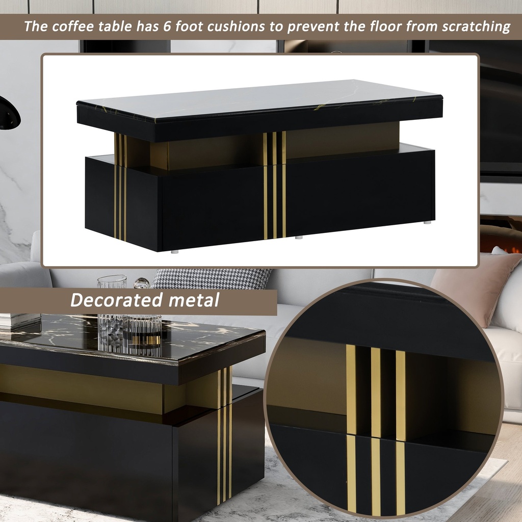 Modern Coffee Table with PVC Pattern Top and 2 Wooden Drawers, Black - Photo 6
