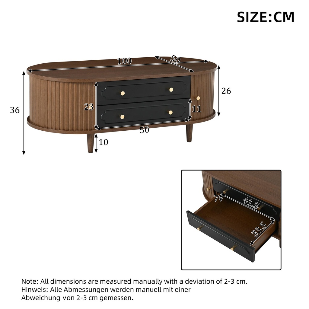 Living Room Coffee Table with 2 Drawers and Roll-Up Door, 100L x 50W x 36H cm, Walnut - Photo 3