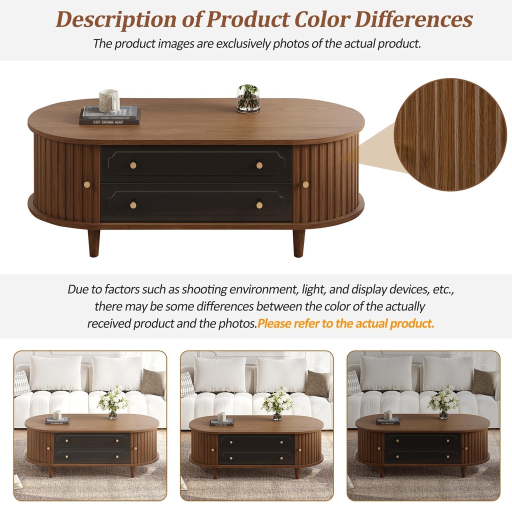 Living Room Coffee Table with 2 Drawers and Roll-Up Door, 100L x 50W x 36H cm, Walnut - Photo 4