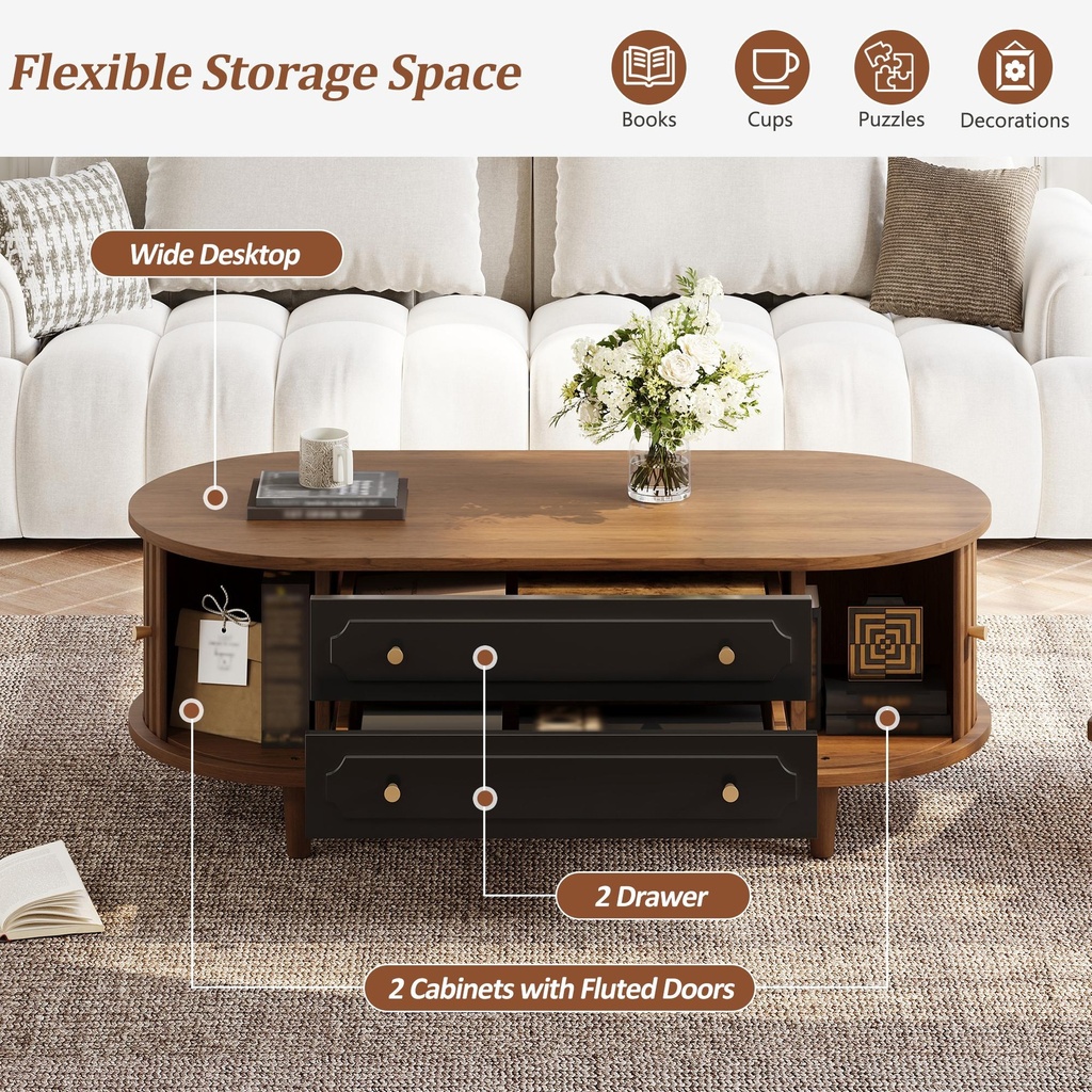 Living Room Coffee Table with 2 Drawers and Roll-Up Door, 100L x 50W x 36H cm, Walnut - Photo 5