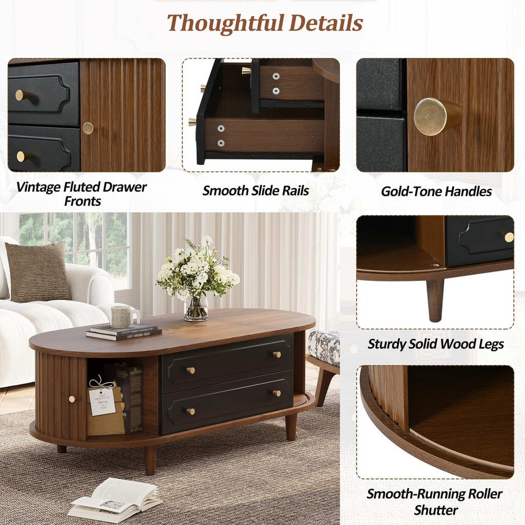 Living Room Coffee Table with 2 Drawers and Roll-Up Door, 100L x 50W x 36H cm, Walnut - Photo 6