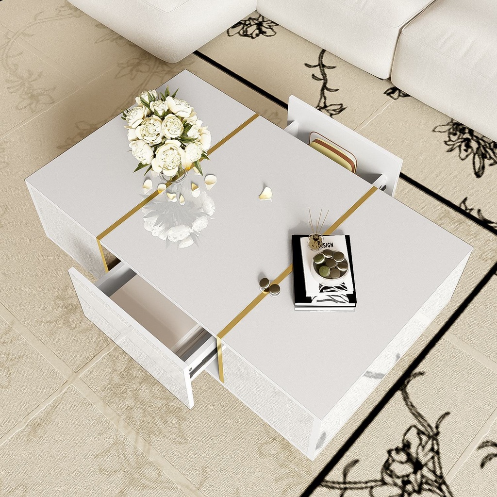 White High-Gloss Coffee Table with 2 Drawers, White - Photo 4
