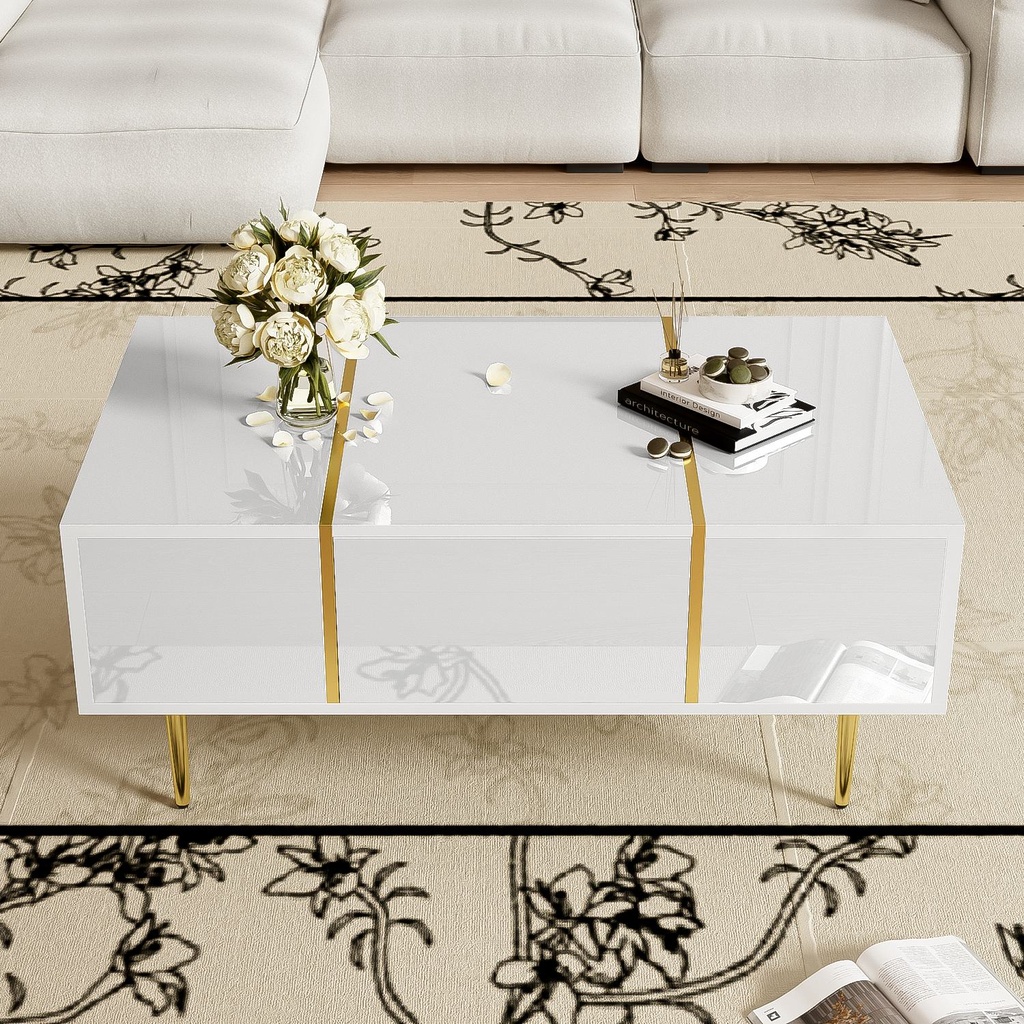 White High-Gloss Coffee Table with 2 Drawers, White - Photo 5