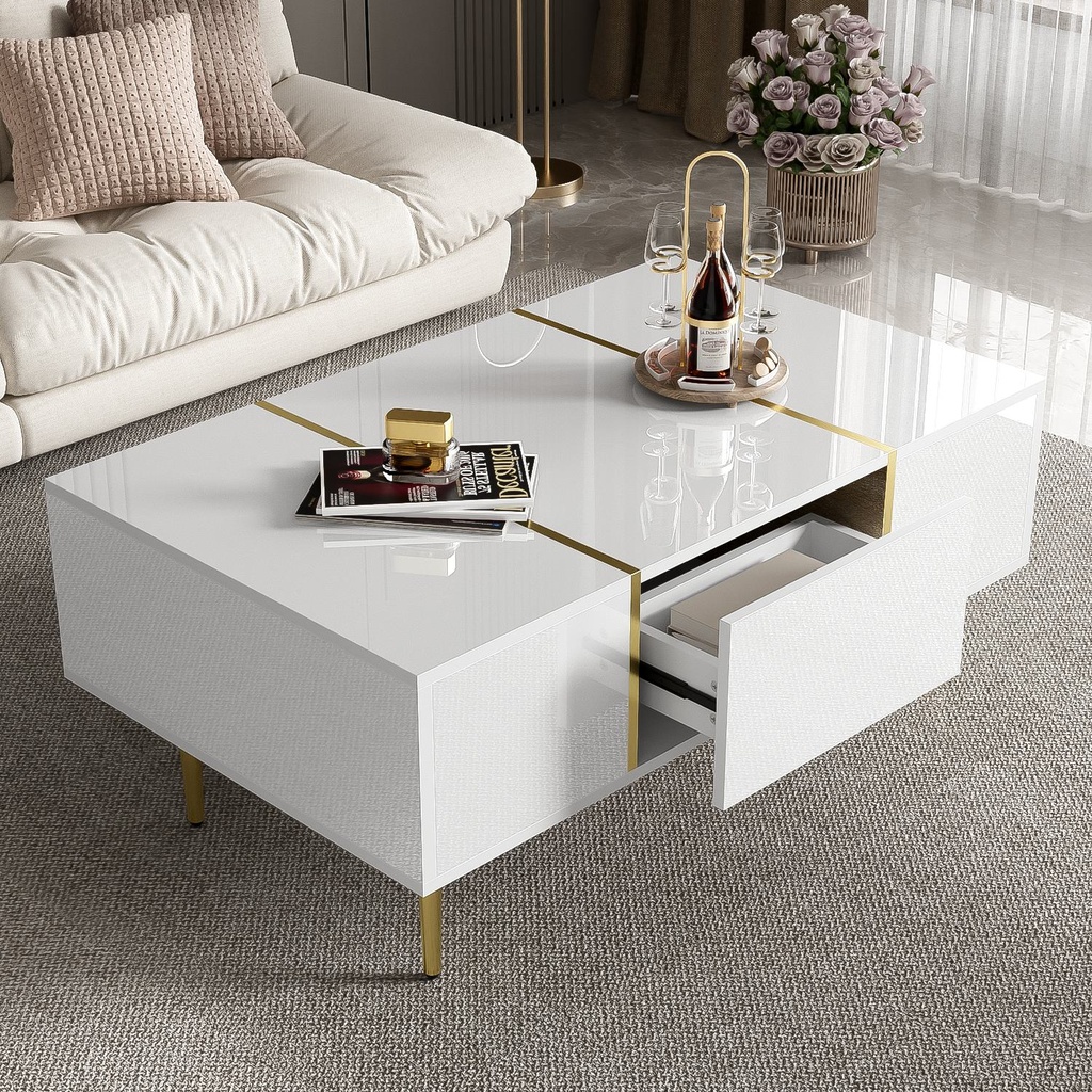 White High-Gloss Coffee Table with 2 Drawers, White - Photo 6
