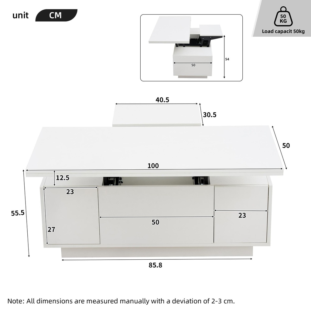 Lift-Up Coffee Table With 2 Doors, White - Photo 3
