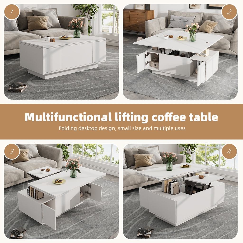 Lift-Up Coffee Table With 2 Doors, White - Photo 4