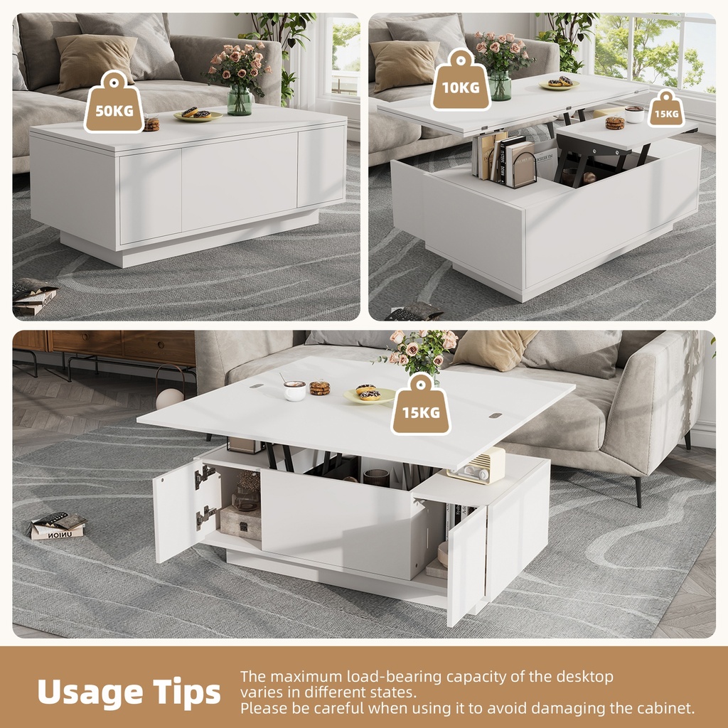 Lift-Up Coffee Table With 2 Doors, White - Photo 6