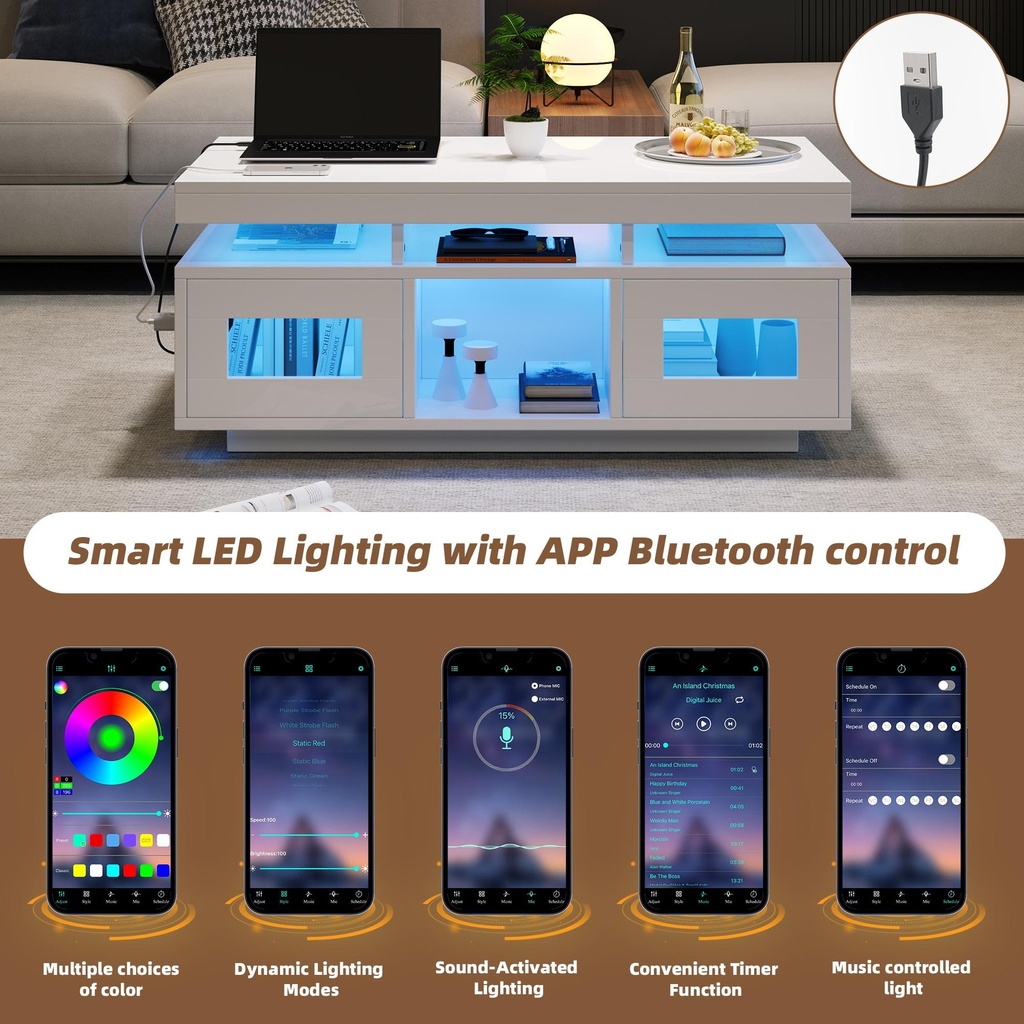 Modern Coffee Table with App-Controlled LED and USB Port, 100L x 50W x 43H cm, White - Photo 4