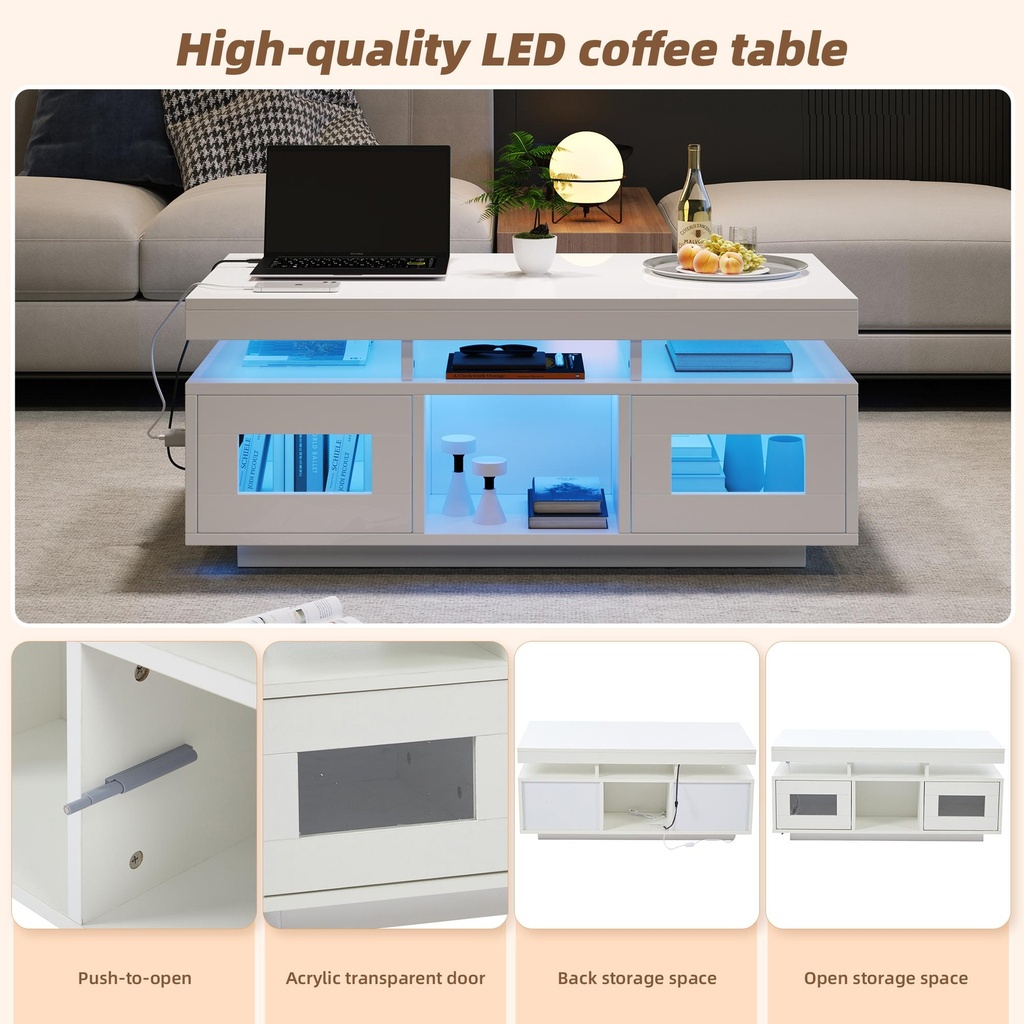 Modern Coffee Table with App-Controlled LED and USB Port, 100L x 50W x 43H cm, White - Photo 5