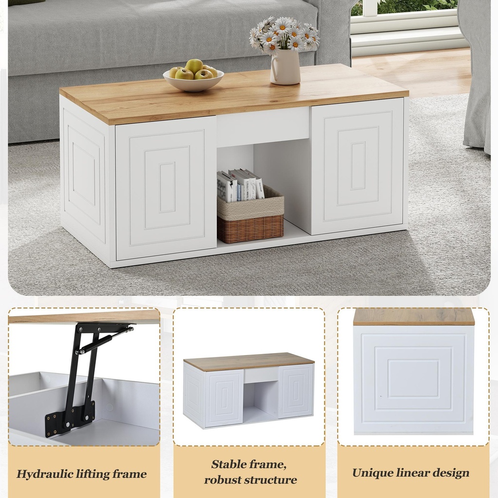 Height-Adjustable Coffee Table with Hydraulic Lift and Divided Shelves, 95L x 46W x 45H cm, White - Photo 6