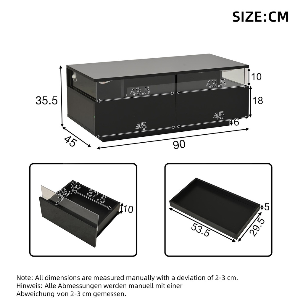 High-Gloss 3-Tier Coffee Table with Removable Tray, 90L x 45W x 35.5H cm, Black - Photo 3