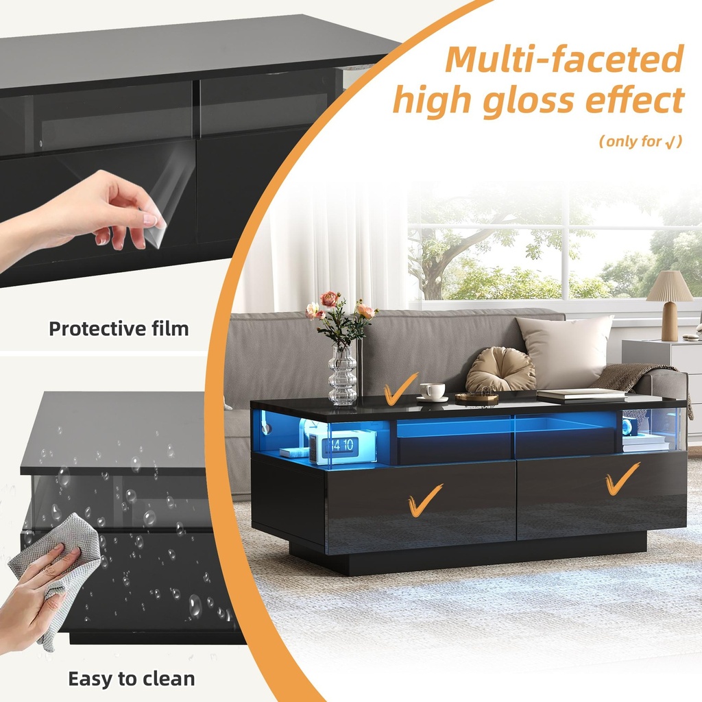 High-Gloss 3-Tier Coffee Table with Removable Tray, 90L x 45W x 35.5H cm, Black - Photo 4