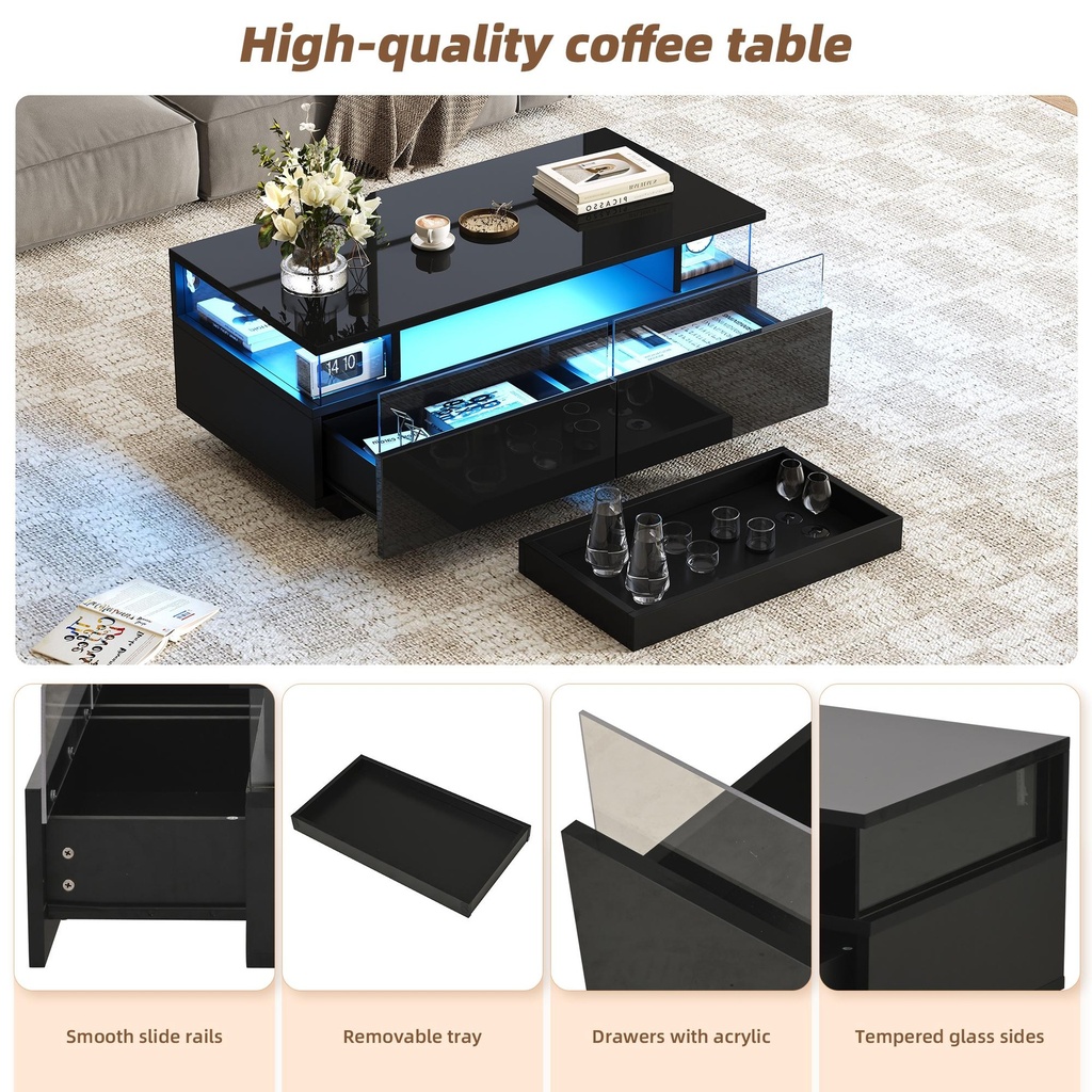 High-Gloss 3-Tier Coffee Table with Removable Tray, 90L x 45W x 35.5H cm, Black - Photo 6