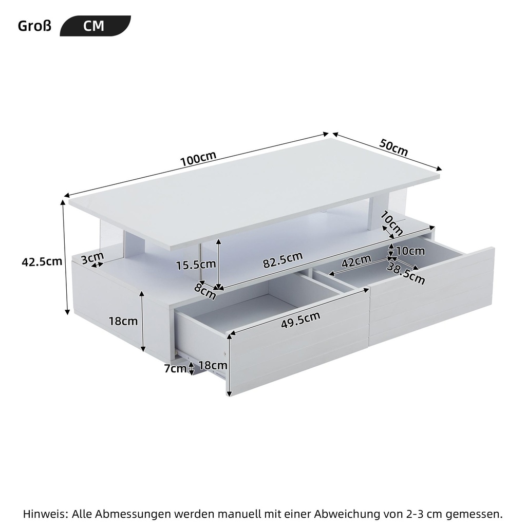 Sleek LED Coffee Table with App-Controlled Lighting, 100L x 50W x 42.5H cm, White - Photo 3